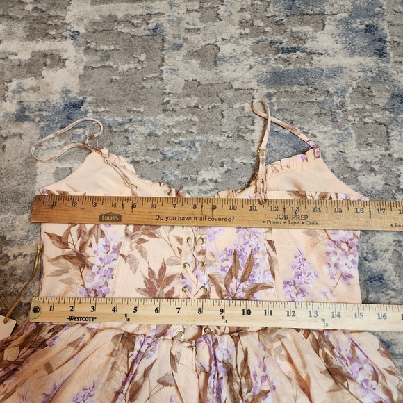 NWT House of Harlow Corset Tiered Linen/Rayon. Peach/Lavender Midi Dress. Medium - Picture 14 of 15